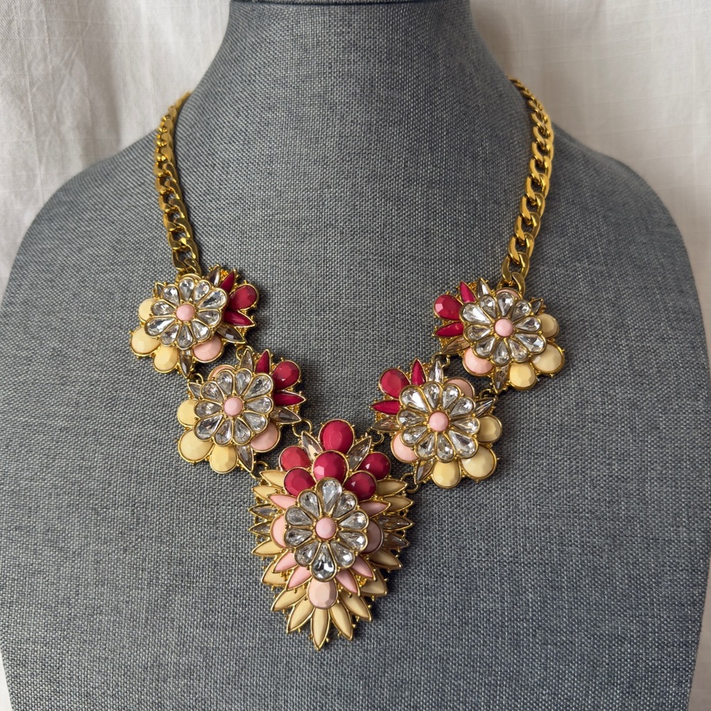 Joan Rivers Floral Statement Necklace | Gold Tone | Pink, Red & Cream